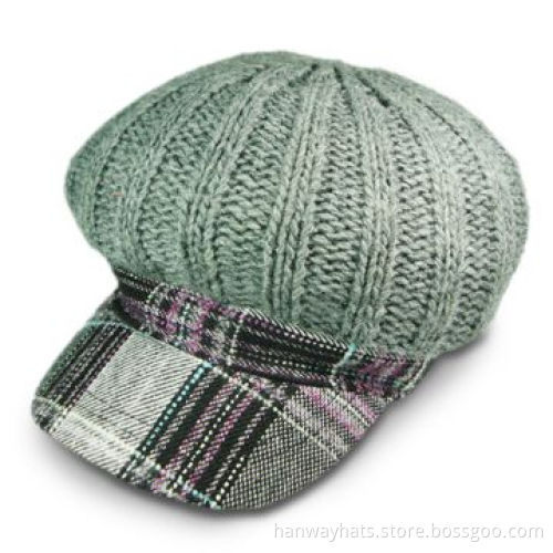 Women/Girl's Newsboy/Bakerboy Hat with Knitted Crown, Checked Visor and Fashion/Modern Design